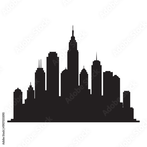 Timeless city skyline silhouette illustration featuring a majestic central skyscraper and other significant buildings, all in classic black against a white background