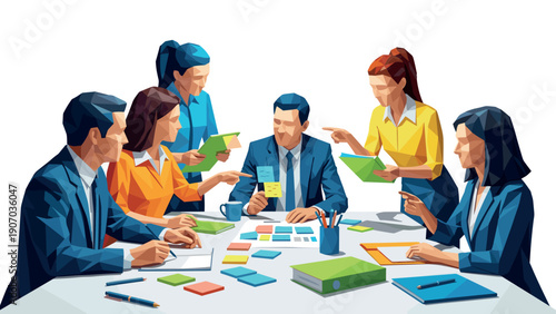Professional business meeting with diverse team in low poly art style