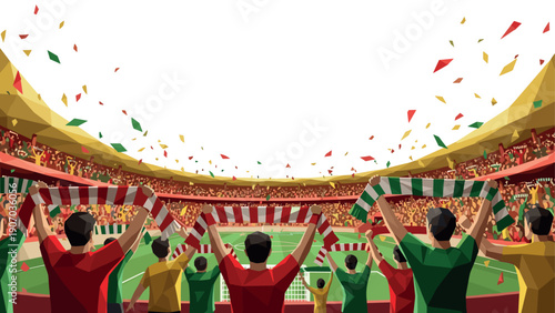 Soccer fans celebrating in colorful geometric stadium