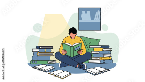 Young man sitting on the floor surrounded by books reading from an open book in a relaxed position