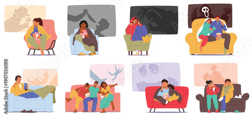 Diverse people characters experiencing different emotions while watching movies isolated scene set