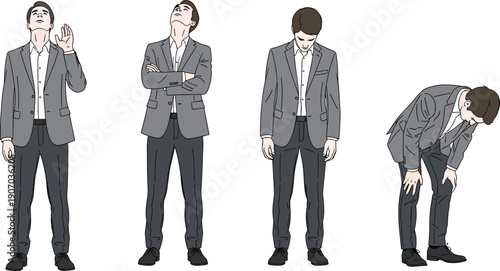 Set of businessman character poses in formal grey suit showing different emotions and movements from looking up to bowing, flat vector illustration.