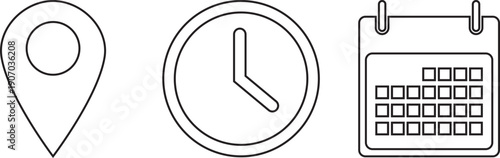 Calendar, Location pin, Clock icons. Event icon set. Address, time, date symbols vector