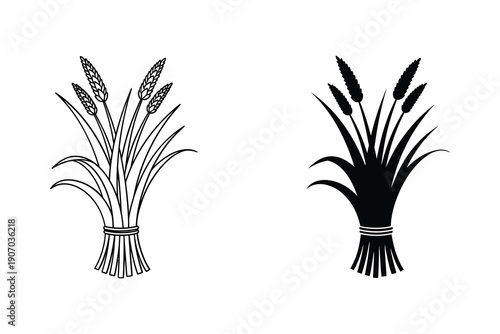 Wheat or Oat Bundles in Black and White Flat Design Vector Illustration