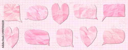 Pale pink vector paper speech bubbles and hearts, crumpled paper romantic text box graphic elements for Valentine's Day and wedding designs