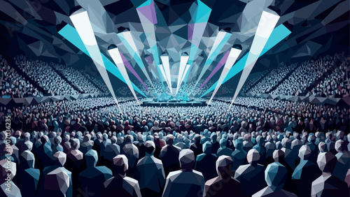 Geometric concert crowd with vibrant lighting in triangular art style