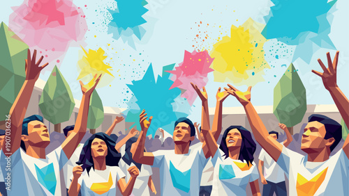 Colorful low poly celebration with people throwing vibrant shapes in the air