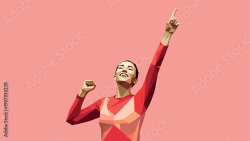 Triangular geometric woman celebrating success on pink background