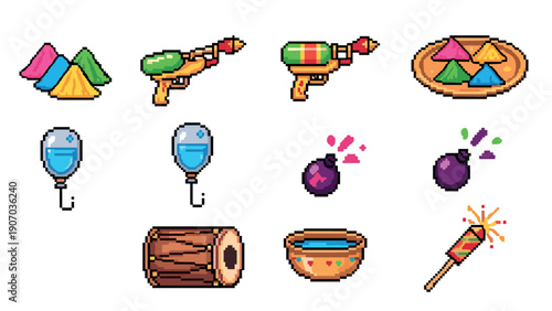 Festive holi elements: water guns, powder, balloons, and more in pixel art style