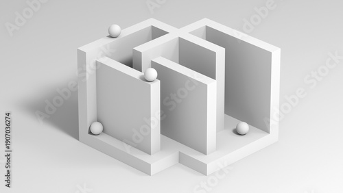 A minimalist white maze structure with small spheres, 3d