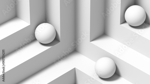 Minimal architectural scene featuring white walls and balls