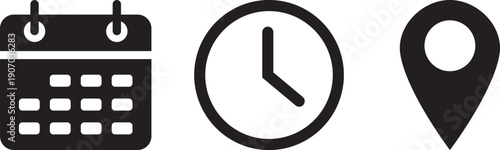Time, address, and date icon vector in flat style. Clock, pin map location, and calendar sign symbol