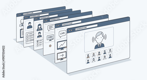 Vector illustration of a video conference on multiple computer screens with icons, for website or presentation, isolated on transparent background, png