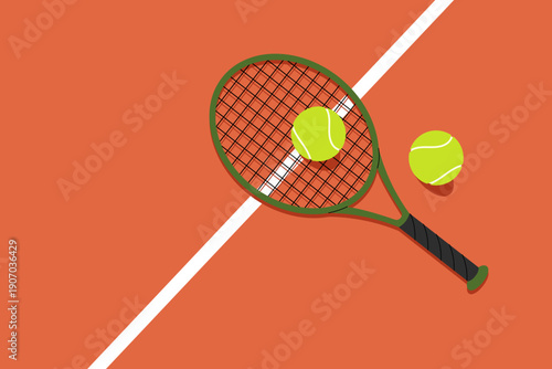 Flat illustration tennis racket and balls on an orange court. Minimalist sports background for training, tournament and sport store.