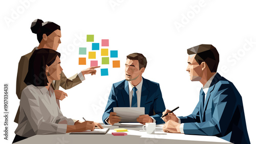 Business meeting discussion with abstract geometric design and brainstorming session