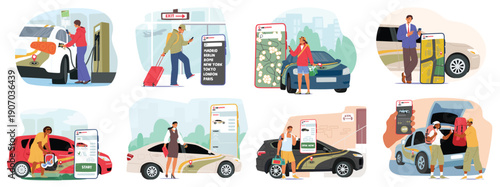 Diverse people using carsharing, taxi booking, and car rental services isolated cartoon scenes set