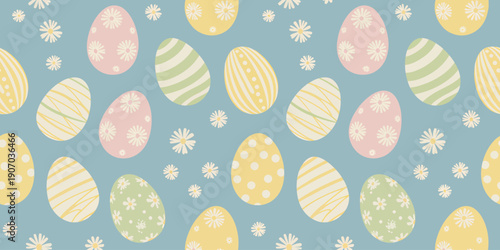 Colorful Easter eggs and flowers on blue background for holiday decoration and celebration