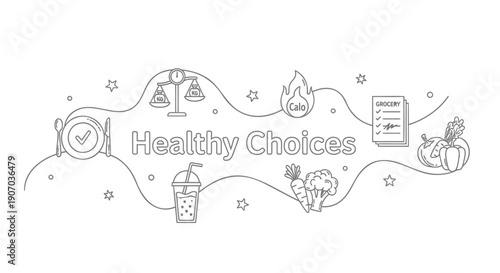 Vector Healthy Choices banner with icons of fruit, clock, scales, flame, and checklist, for wellness or nutrition website or presentation