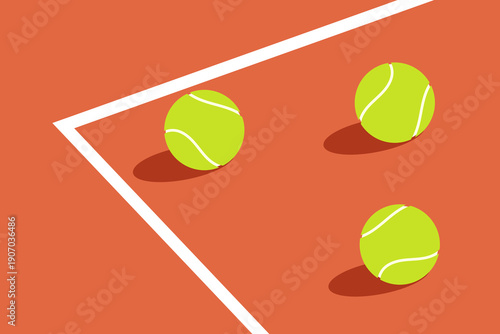 Green balls scattered across the tennis court. Sports background. For sports articles or sports equipment store.
