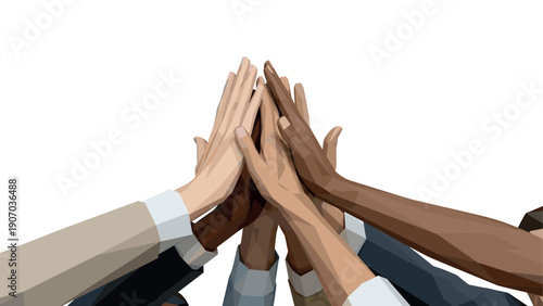 Unity and teamwork: diverse hands high five in geometric design