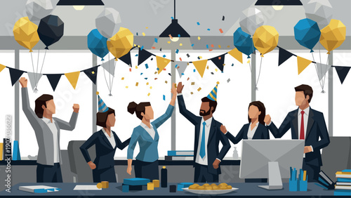 Celebration in office: festive team environment with balloons and confetti