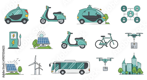 Smart City Sustainable Mobility Icons: Electric Vehicles, EV Charging, Scooter, Drone Delivery, Solar Energy, Wind Power, and Future Urban Transport Symbols.