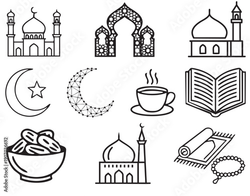 Fotografie Islamic Celebration Elements with Traditional Drum (Duff), Crescent Moon, and Ar