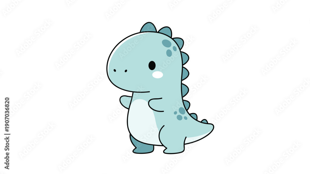 Obraz premium Adorable little blue dinosaur with dark spots and large eyes standing in a cute pose against a plain white background.