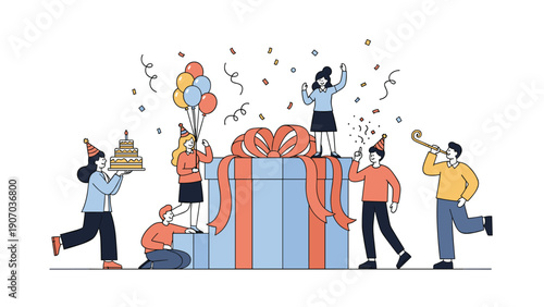 Happy people celebrating a special occasion around a giant blue gift box with a red ribbon and falling confetti illustration.