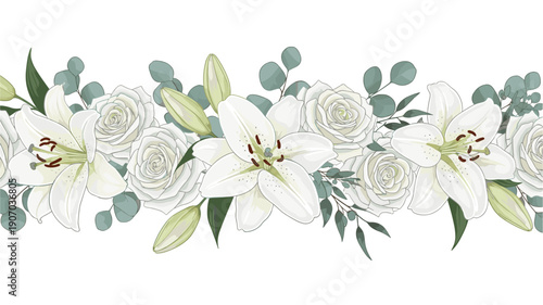 Beautiful floral border made of white lilies, roses, and green eucalyptus leaves on a white background for wedding stationery.