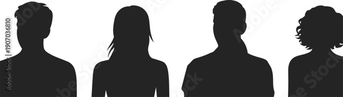 Four black silhouette profile icons of diverse individuals standing side by side person avatar