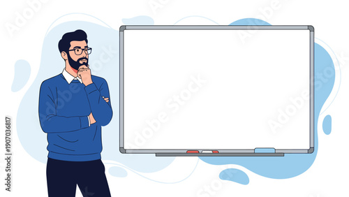 Thoughtful man in glasses standing next to a large blank whiteboard against a blue background for business or education use.