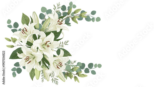 Stunning bouquet of white lilies and eucalyptus branches arranged in a crescent shape for elegant floral decorations and cards.