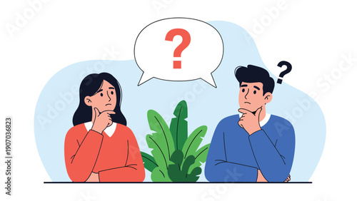 Young man and woman looking thoughtful and confused with a large question mark in a speech bubble on a blue background.