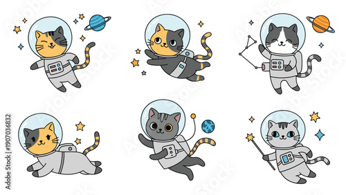 Set of six cute astronaut cats floating in outer space with planets, stars, and space gear for a fun science fiction theme.
