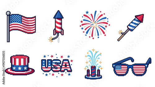 Pixel art usa celebration icons featuring fireworks and patriotic symbols