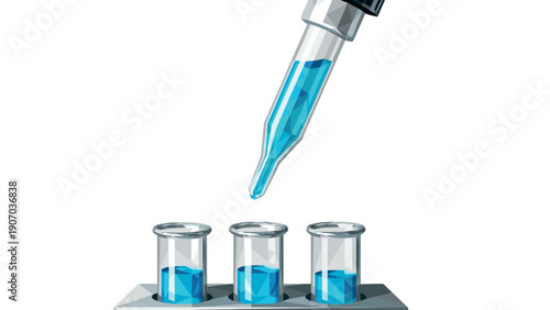 Geometric style blue liquid dropping from pipette into test tubes on a white background