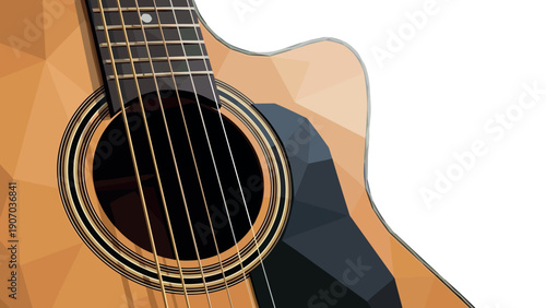 Polygonal acoustic guitar close-up with geometric details on white background
