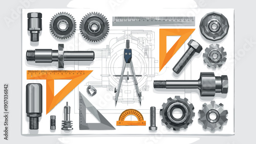 Engineering tools and blueprint with gears and bolts on technical drawing background