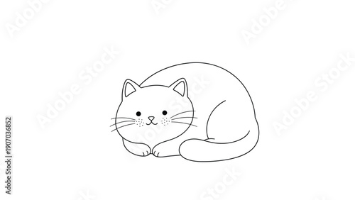 Simple coloring page of a cute chubby cat curled up and resting comfortably on a white background for kids to color in.