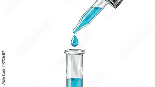 Realistic lab dropper and test tube with blue liquid in scientific setup