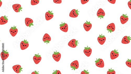 Seamless pattern of tiny kawaii strawberries with smiling faces on a white background for a sweet and cute fruit design.