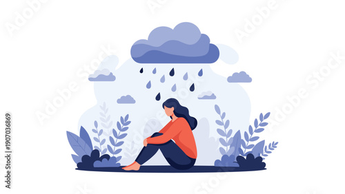 Sad woman sitting alone under a dark raining cloud among plants representing emotional distress and depression in flat vector style.