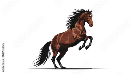 Majestic brown horse rearing up on its hind legs showing power and freedom in artistic digital painting style over white background.