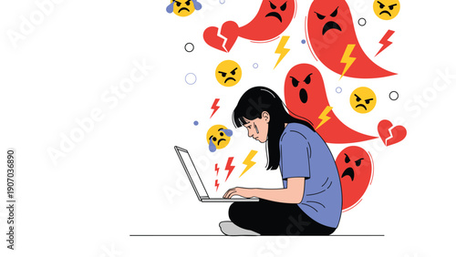 Girl experiencing cyberbullying and online harassment while using her laptop with negative symbols and angry icons in vector illustration.