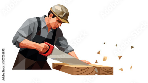 Polygonal carpenter using handsaw to cut wooden planks in geometric style