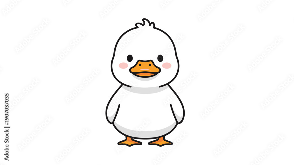 Obraz premium Adorable white duckling cartoon character standing and smiling on white background for nursery and baby shower decoration.