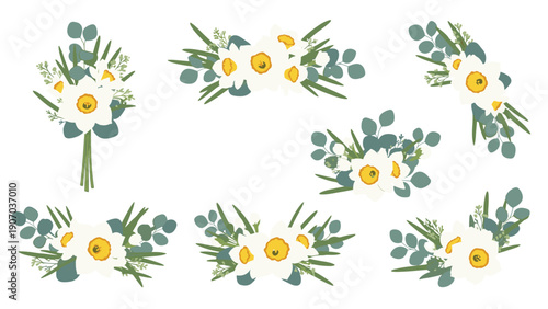Collection of elegant daffodil flower bouquets and arrangements with eucalyptus leaves for spring wedding and greeting card design.