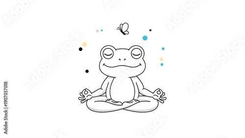 Cute frog sitting in lotus position meditating with a butterfly on its head for mindfulness and nature harmony illustration.