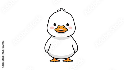 Adorable white duckling cartoon character standing and smiling on white background for nursery and baby shower decoration.